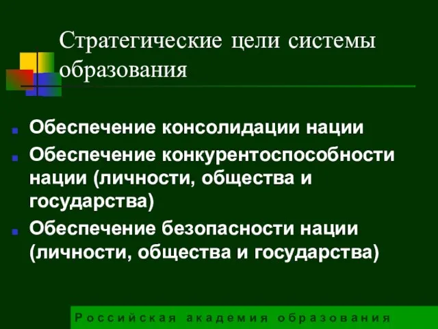 Стратегические цели системы образования Обеспечение консолидации нации Обеспечение конкурентоспособности нации (личности,