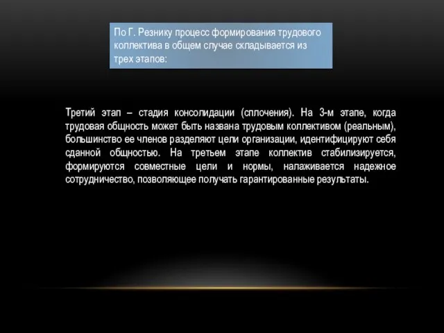 Третий этап – стадия консолидации (сплочения). На 3-м этапе, когда трудовая