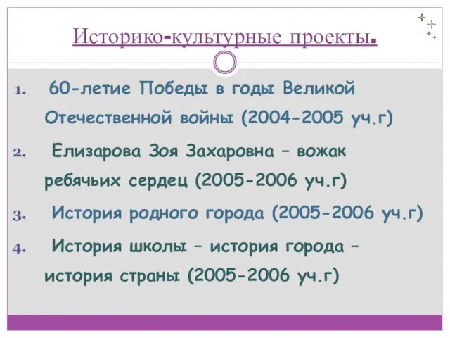 Историко-культурные проекты. 60-летие Победы в годы Великой Отечественной войны (2004-2005 уч.г)