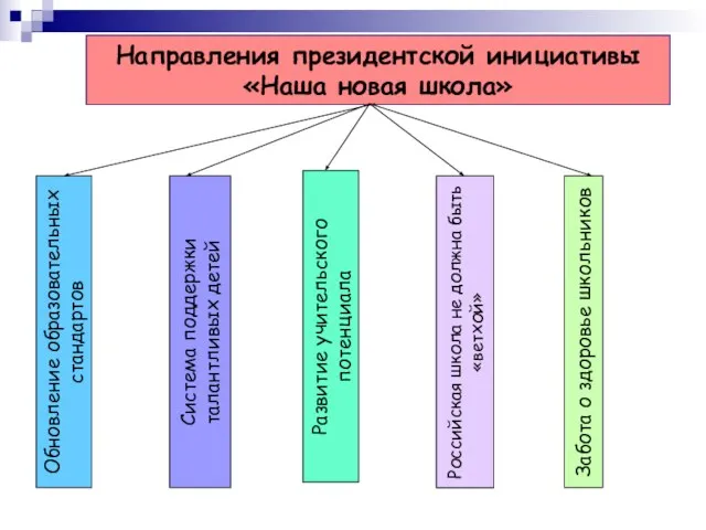 Направления президентской инициативы «Наша новая школа» Обновление образовательных стандартов Система поддержки