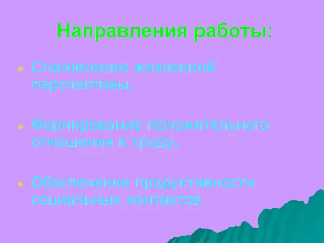 Направления работы: Становление жизненной перспективы, Формирование положительного отношения к труду, Обеспечение продуктивности социальных контактов