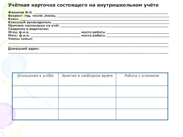 Приложение № 5 Учётная карточка состоящего на внутришкольном учёте Фамилия И.О.