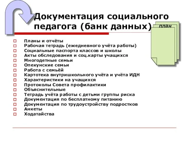 Документация социального педагога (банк данных) Планы и отчёты Рабочая тетрадь (ежедневного