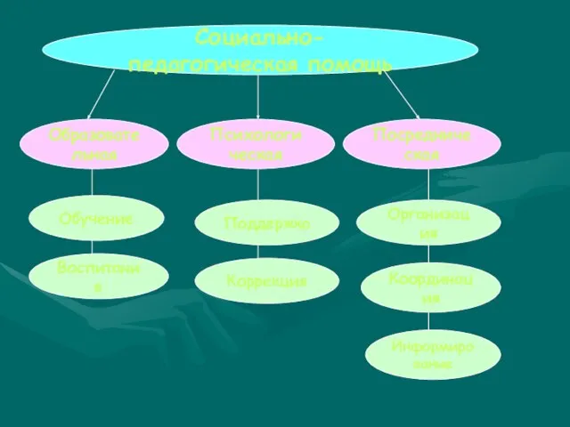 Социально-педагогическая помощь Образовательная Психологическая Посредническая Обучение Воспитание Поддержка Коррекция Организация Координация Информирование