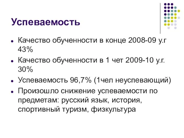 Успеваемость Качество обученности в конце 2008-09 у.г 43% Качество обученности в