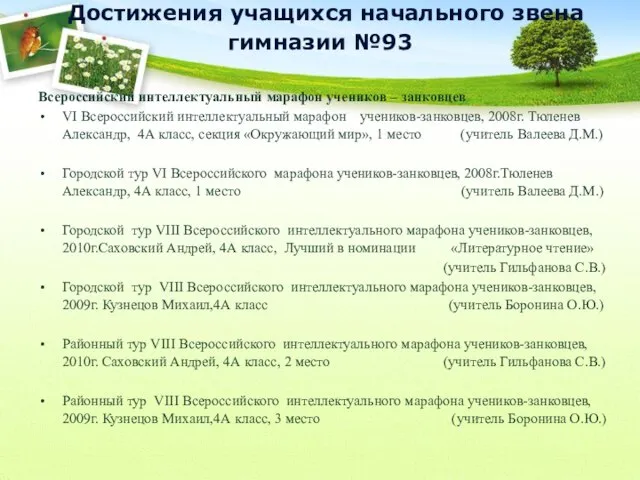 Достижения учащихся начального звена гимназии №93 Всероссийский интеллектуальный марафон учеников –