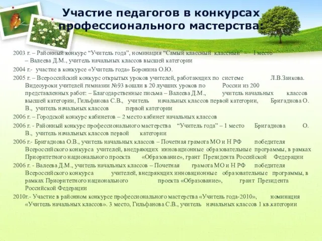 Участие педагогов в конкурсах профессионального мастерства: 2003 г. – Районный конкурс