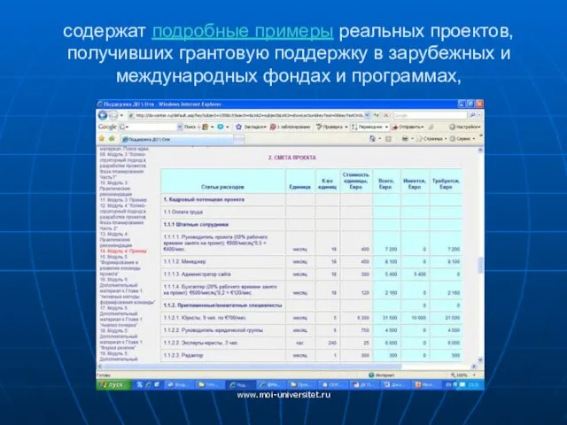 www.moi-universitet.ru содержат подробные примеры реальных проектов, получивших грантовую поддержку в зарубежных и международных фондах и программах,