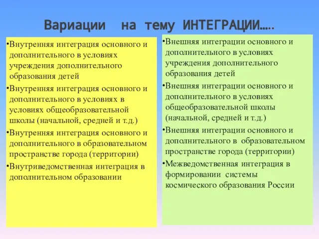 Вариации на тему ИНТЕГРАЦИИ….. Внутренняя интеграция основного и дополнительного в условиях