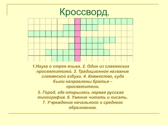 Кроссворд. 1.Наука о строе языка. 2. Один из славянских просветителей. 3.