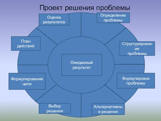 Проект решения проблемы Ожидаемый результат Оценка результатов Определение проблемы План действий