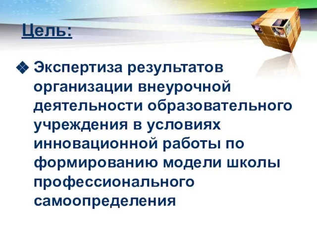 Цель: Экспертиза результатов организации внеурочной деятельности образовательного учреждения в условиях инновационной