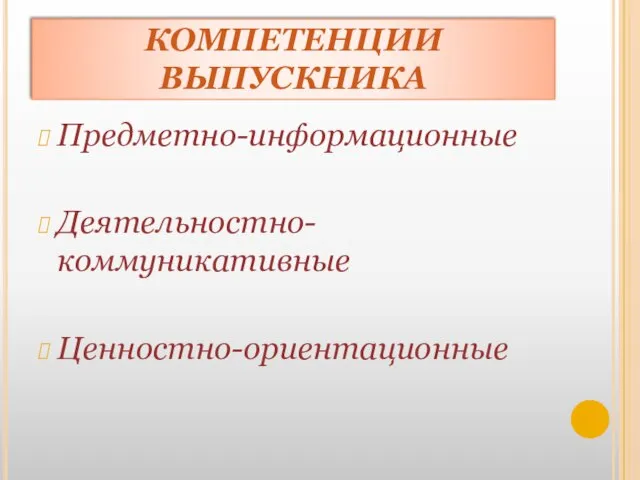 КОМПЕТЕНЦИИ ВЫПУСКНИКА Предметно-информационные Деятельностно-коммуникативные Ценностно-ориентационные