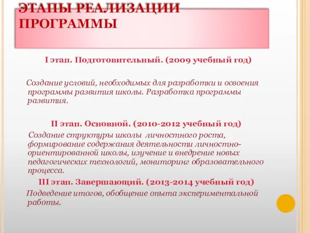 ЭТАПЫ РЕАЛИЗАЦИИ ПРОГРАММЫ I этап. Подготовительный. (2009 учебный год) Создание условий,