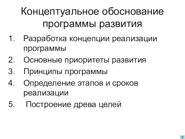 Концептуальное обоснование программы развития Разработка концепции реализации программы Основные приоритеты развития