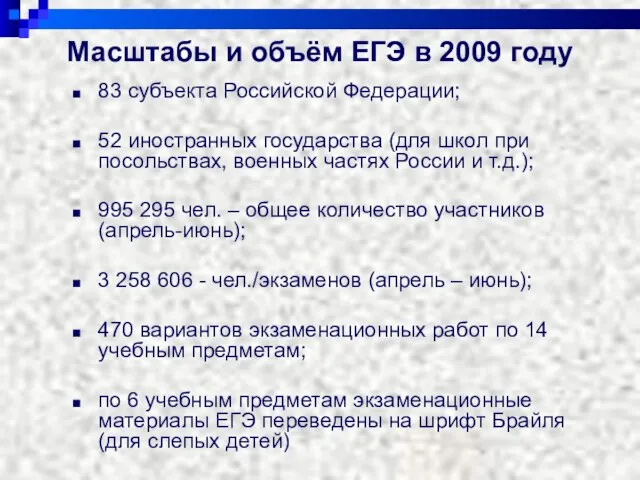 Масштабы и объём ЕГЭ в 2009 году 83 субъекта Российской Федерации;