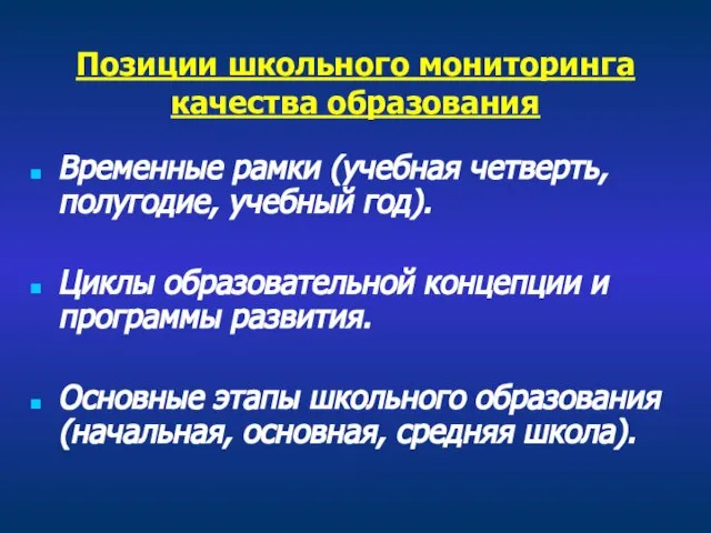 Позиции школьного мониторинга качества образования Временные рамки (учебная четверть, полугодие, учебный