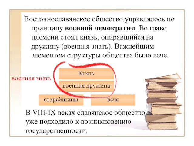 Восточнославянское общество управлялось по принципу военной демократии. Во главе племени стоял