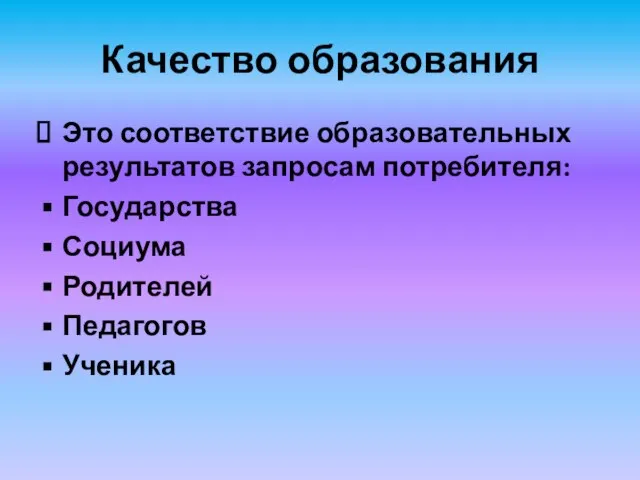 Качество образования Это соответствие образовательных результатов запросам потребителя: Государства Социума Родителей Педагогов Ученика