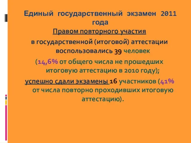 Правом повторного участия в государственной (итоговой) аттестации воспользовались 39 человек (14,6%