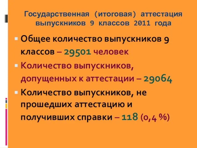 Общее количество выпускников 9 классов – 29501 человек Количество выпускников, допущенных