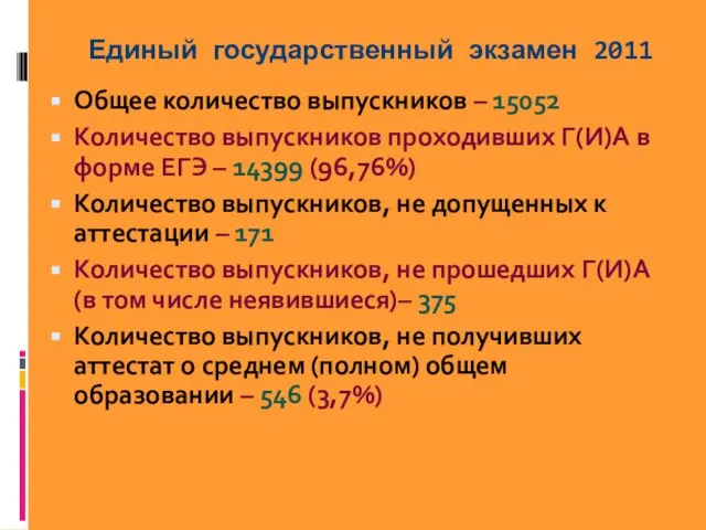 Общее количество выпускников – 15052 Количество выпускников проходивших Г(И)А в форме