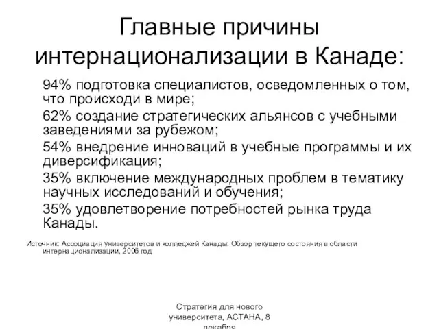 Стратегия для нового университета, АСТАНА, 8 декабря Главные причины интернационализации в