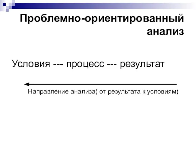 Проблемно-ориентированный анализ Условия --- процесс --- результат Направление анализа( от результата к условиям)