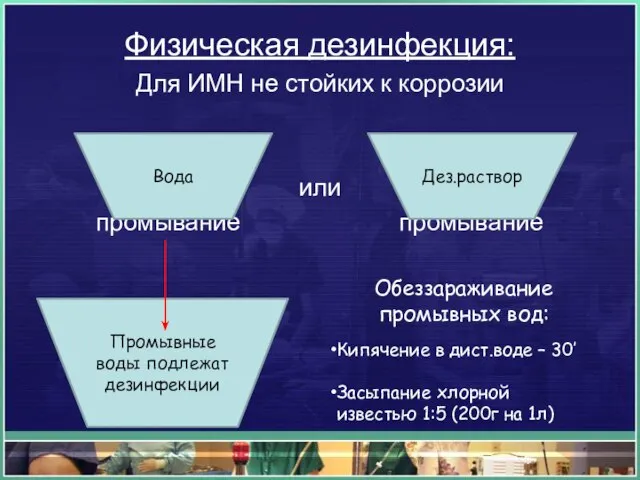 Физическая дезинфекция: Для ИМН не стойких к коррозии или промывание промывание