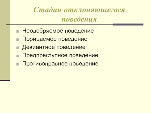 Стадии отклоняющегося поведения Неодобряемое поведение Порицаемое поведение Девиантное поведение Предпреступное поведение Противоправное поведение