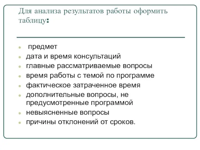 Для анализа результатов работы оформить таблицу: предмет дата и время консультаций