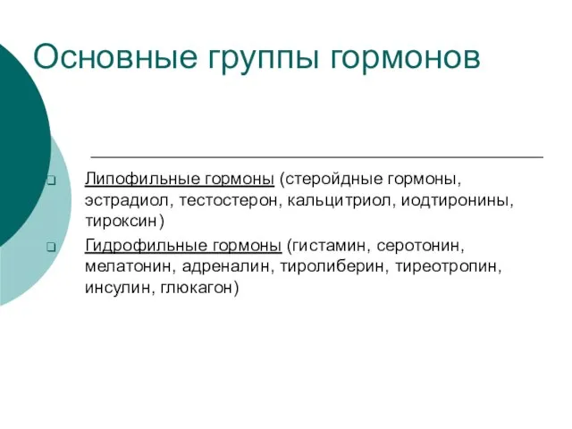 Основные группы гормонов Липофильные гормоны (стеройдные гормоны, эстрадиол, тестостерон, кальцитриол, иодтиронины,