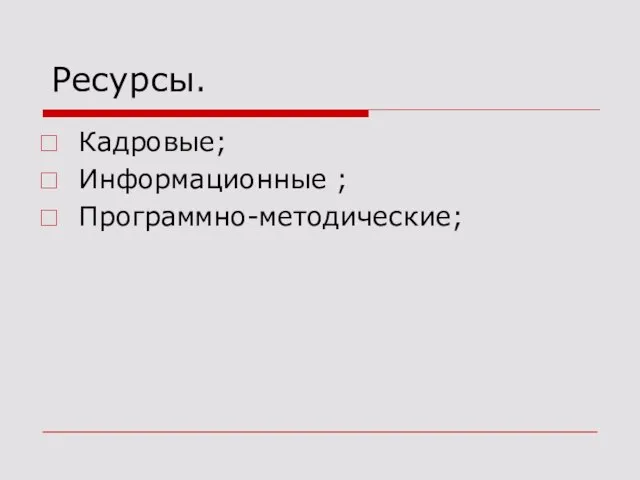 Ресурсы. Кадровые; Информационные ; Программно-методические;