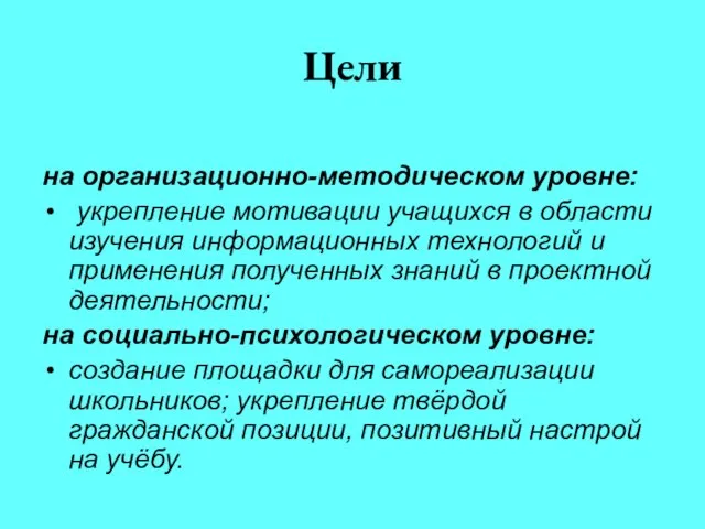 Цели на организационно-методическом уровне: укрепление мотивации учащихся в области изучения информационных