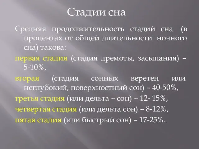 Средняя продолжительность стадий сна (в процентах от общей длительности ночного сна)