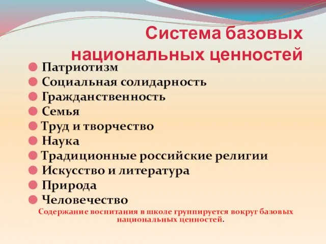 Система базовых национальных ценностей Патриотизм Социальная солидарность Гражданственность Семья Труд и