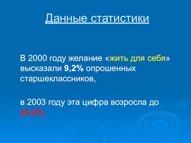 Данные статистики В 2000 году желание «жить для себя» высказали 9,2%