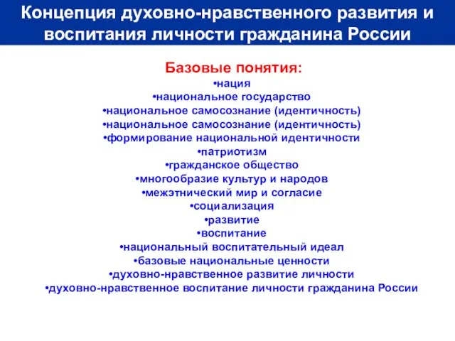 Базовые понятия: нация национальное государство национальное самосознание (идентичность) национальное самосознание (идентичность)