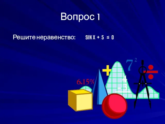 Вопрос 1 Решите неравенство: SIN X + 5 ≤ 0