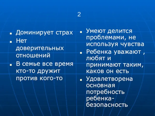 2 Доминирует страх Нет доверительных отношений В семье все время кто-то