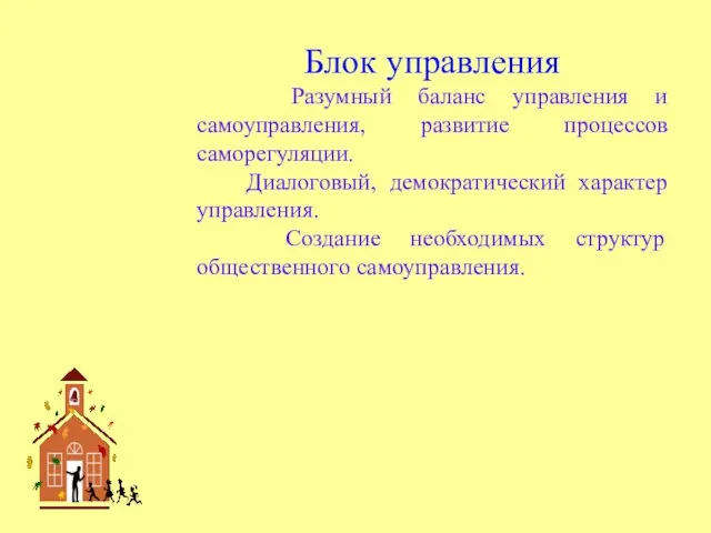 Блок управления Разумный баланс управления и самоуправления, развитие процессов саморегуляции. Диалоговый,