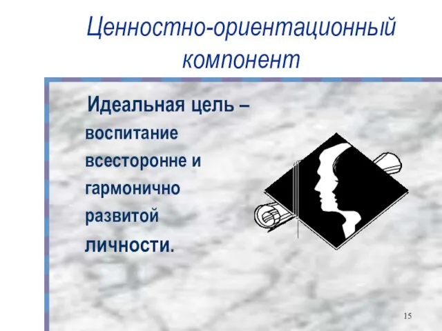 Ценностно-ориентационный компонент Идеальная цель – воспитание всесторонне и гармонично развитой личности.