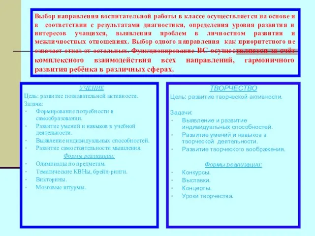 Выбор направления воспитательной работы в классе осуществляется на основе и в