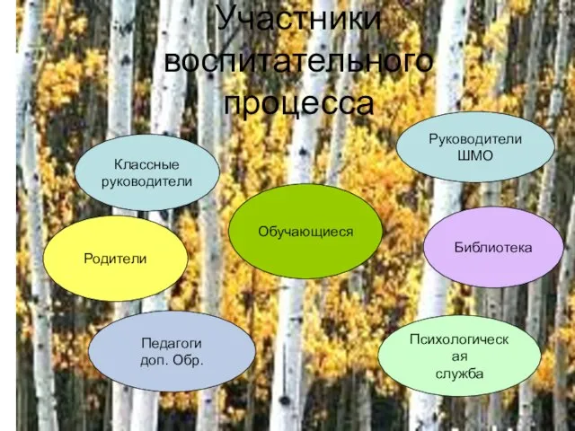 Участники воспитательного процесса Классные руководители Руководители ШМО Обучающиеся Библиотека Родители Педагоги доп. Обр. Психологическая служба