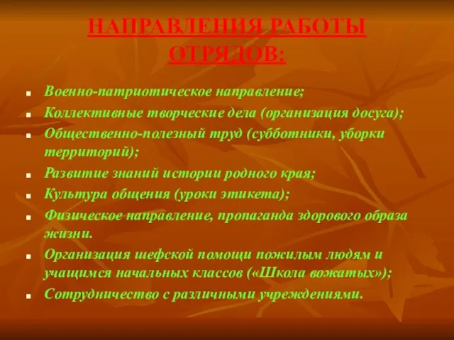 НАПРАВЛЕНИЯ РАБОТЫ ОТРЯДОВ: Военно-патриотическое направление; Коллективные творческие дела (организация досуга); Общественно-полезный