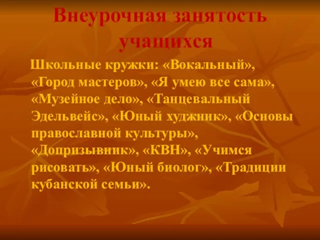 Внеурочная занятость учащихся Школьные кружки: «Вокальный», «Город мастеров», «Я умею все