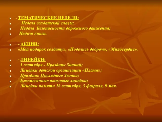 - ТЕМАТИЧЕСКИЕ НЕДЕЛИ: Неделя солдатской славы; Неделя Безопасности дорожного движения; Неделя