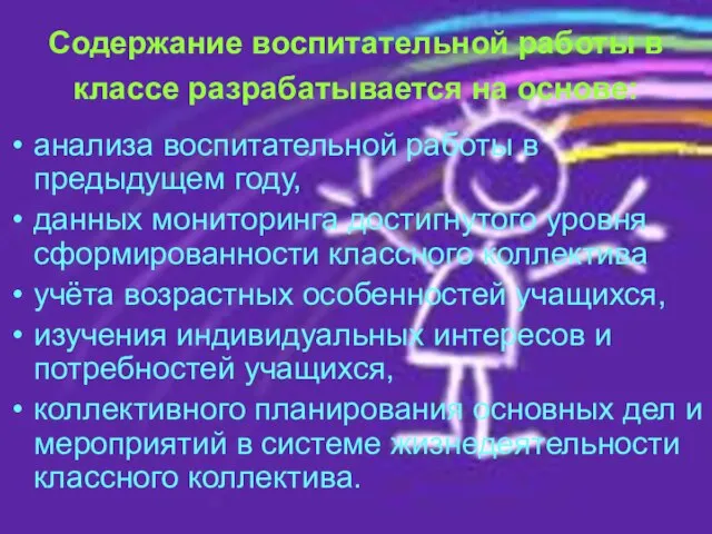 Содержание воспитательной работы в классе разрабатывается на основе: анализа воспитательной работы