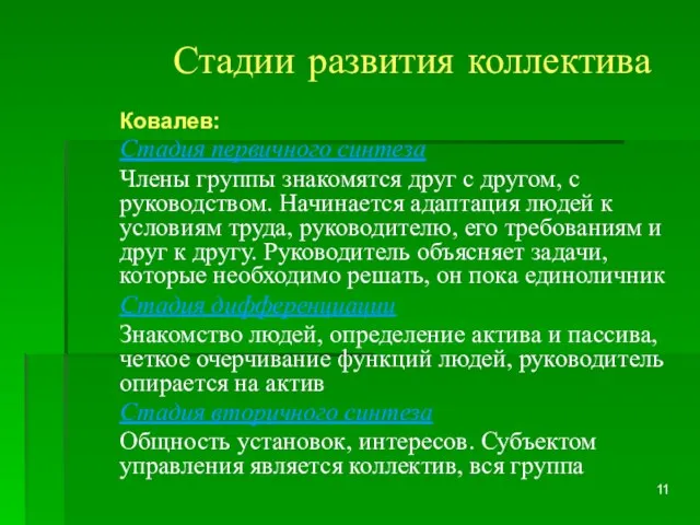 Стадии развития коллектива Ковалев: Стадия первичного синтеза Члены группы знакомятся друг