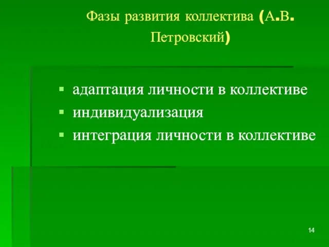 Фазы развития коллектива (А.В.Петровский) адаптация личности в коллективе индивидуализация интеграция личности в коллективе